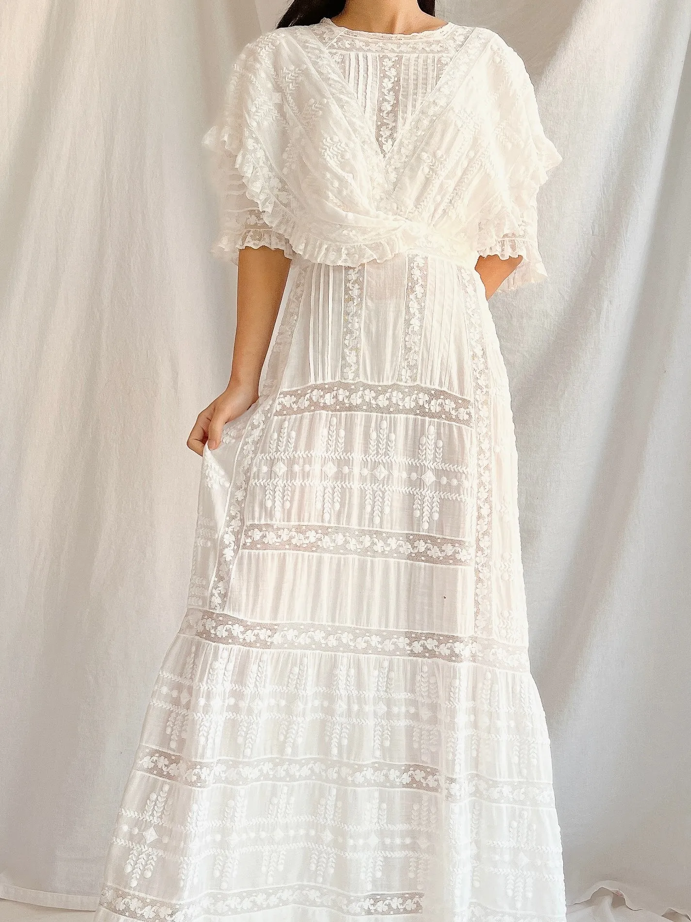 Edwardian Cotton Draped Bodice Lawn Dress - XS