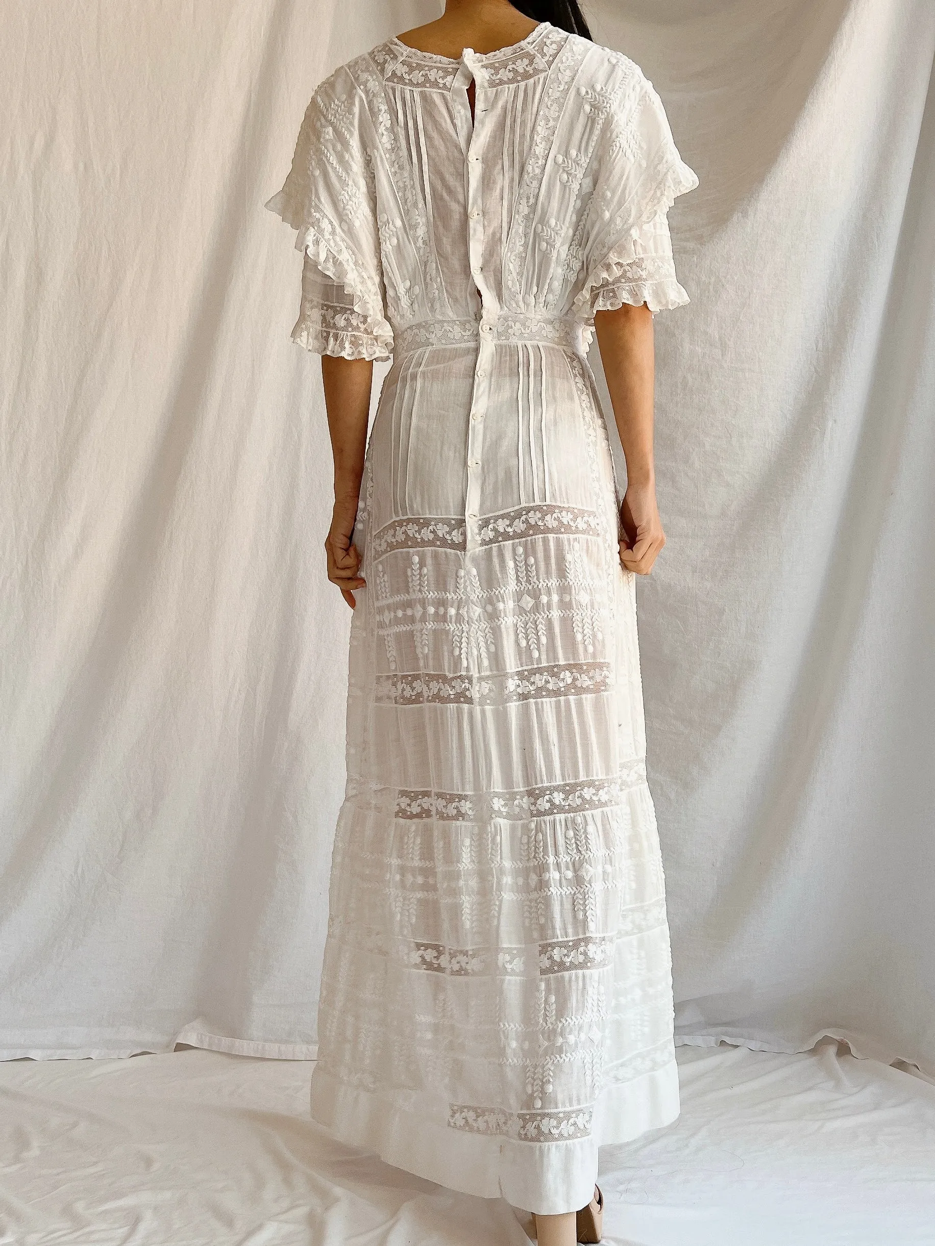 Edwardian Cotton Draped Bodice Lawn Dress - XS