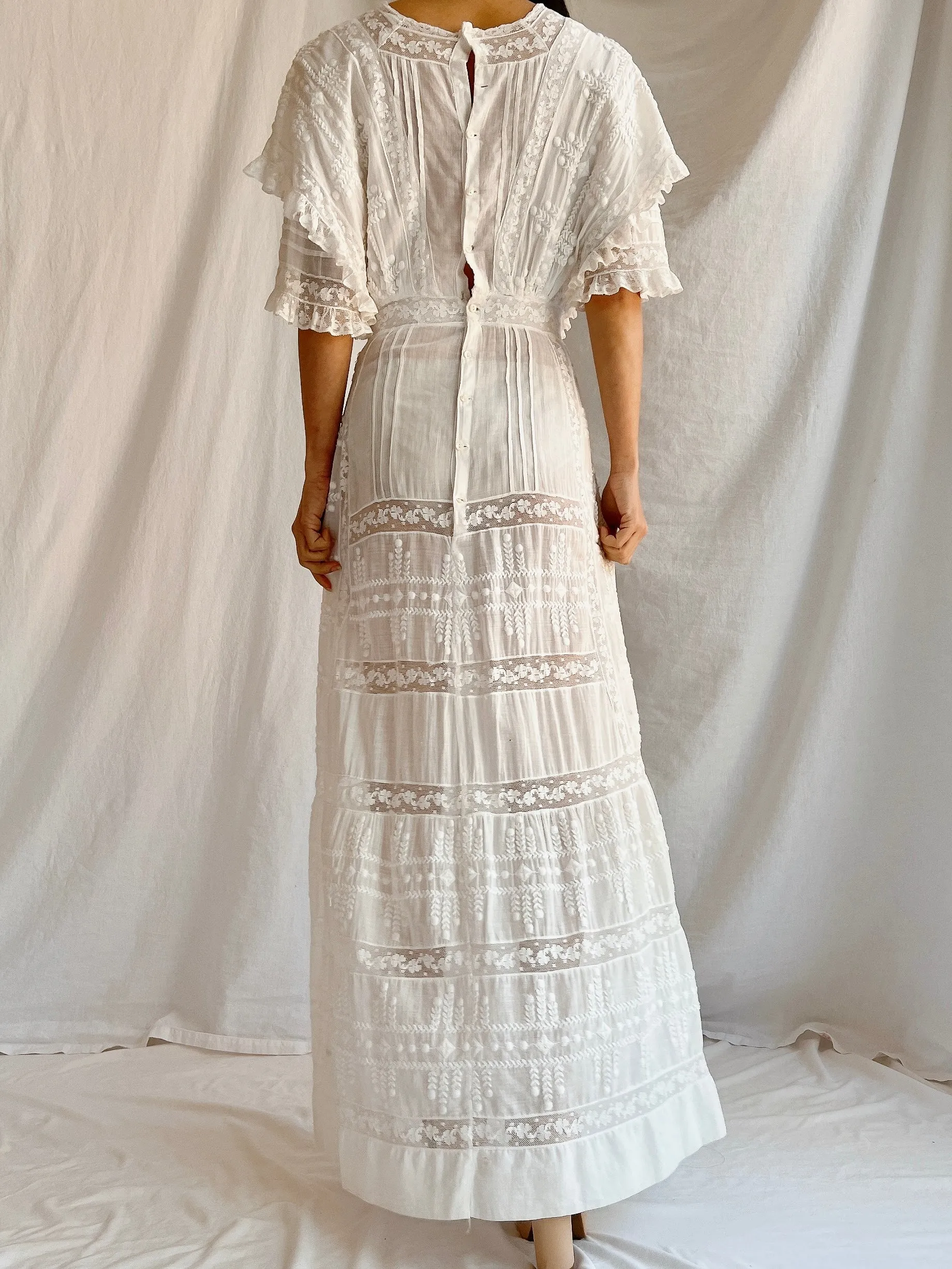 Edwardian Cotton Draped Bodice Lawn Dress - XS