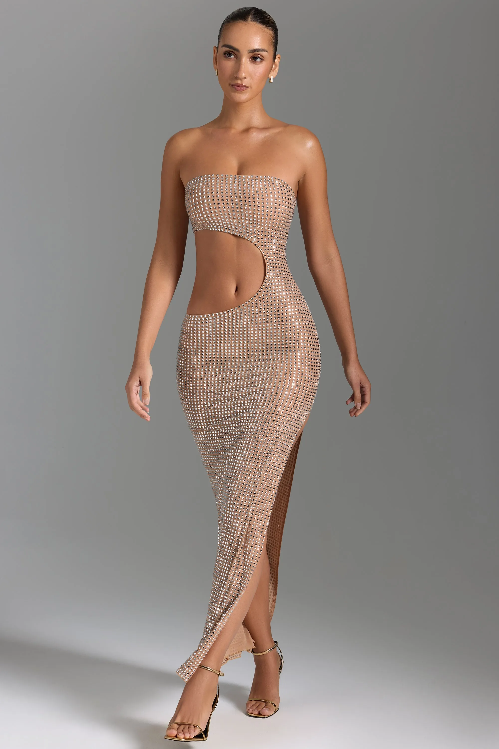 Embellished Cut-Out Bandeau Maxi Dress in Honey