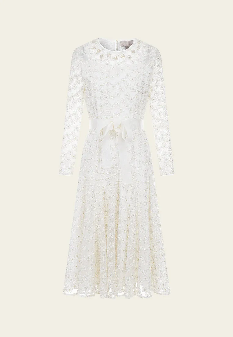 Embroidered Mesh Belted Dress
