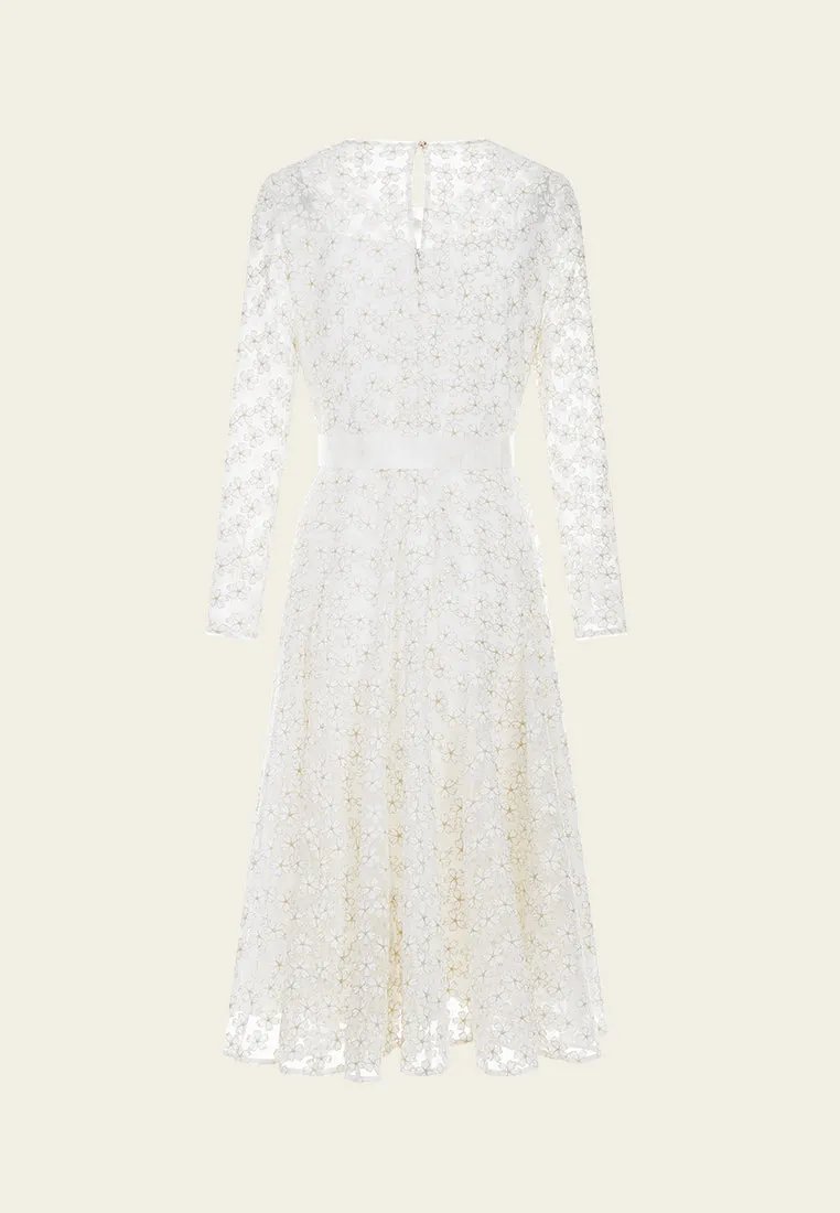 Embroidered Mesh Belted Dress