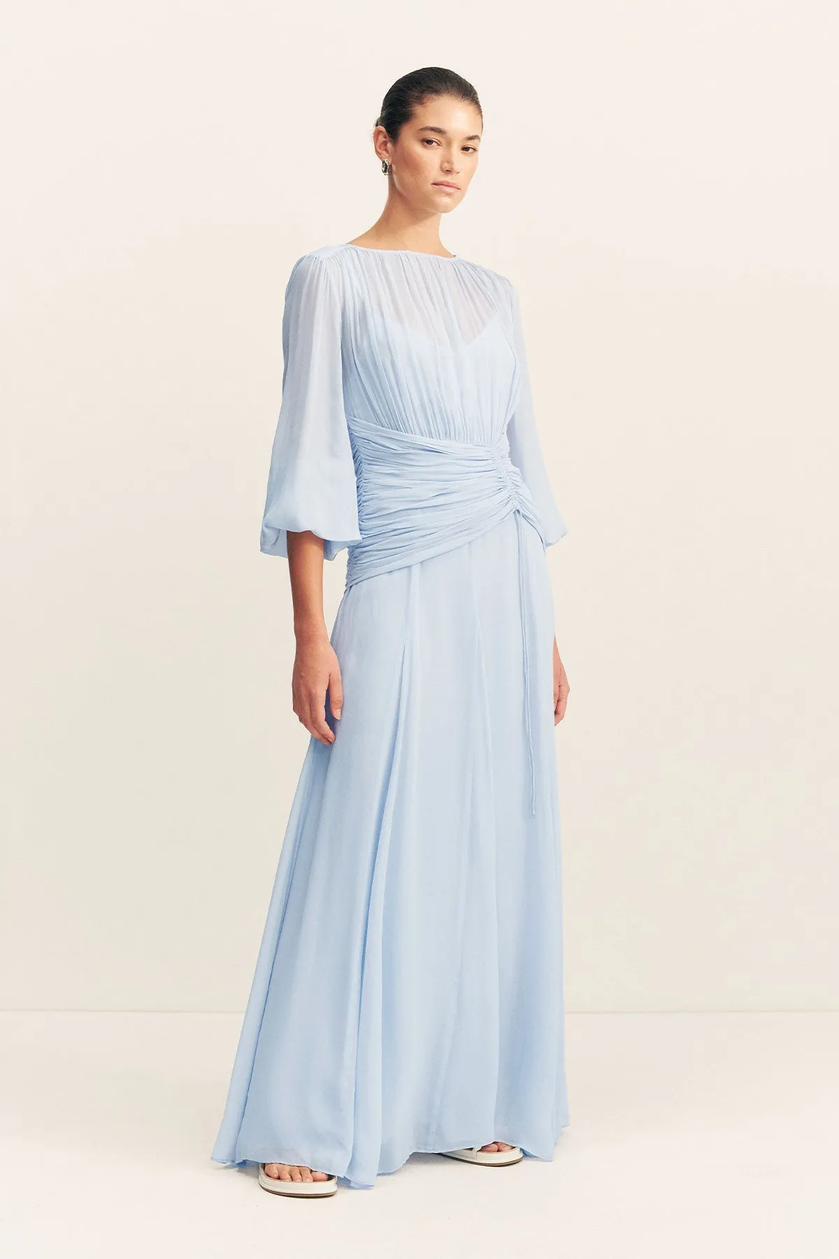 EMORY HIGH NECK BALLOON SLEEVE MAXI DRESS - ARCADIAN BLUE