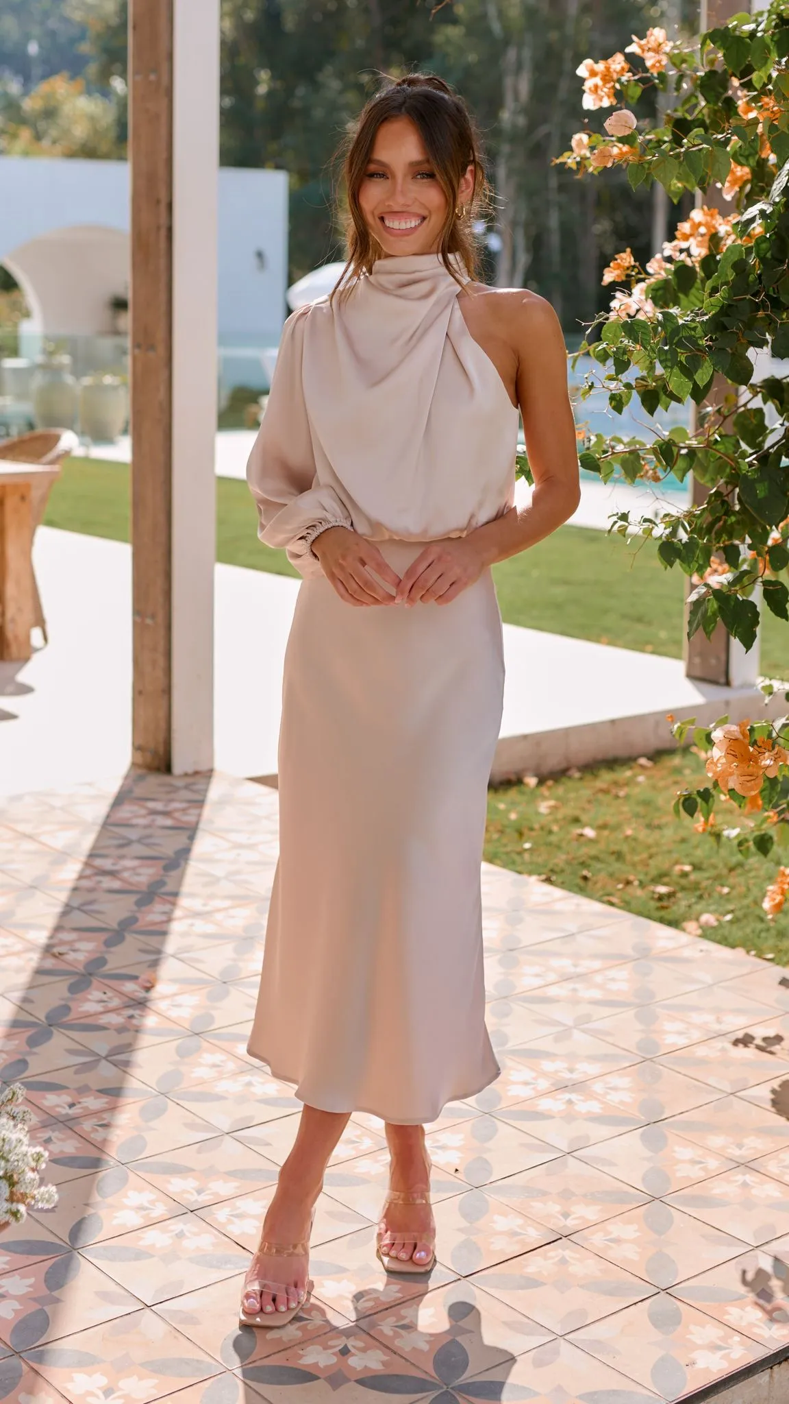 Esther One Shoulder Long Sleeve Dress - Champagne
