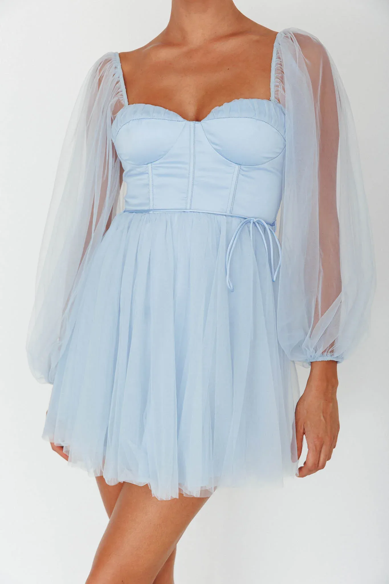 Fairytale Dream Sheer Sleeve Mini Dress Blue