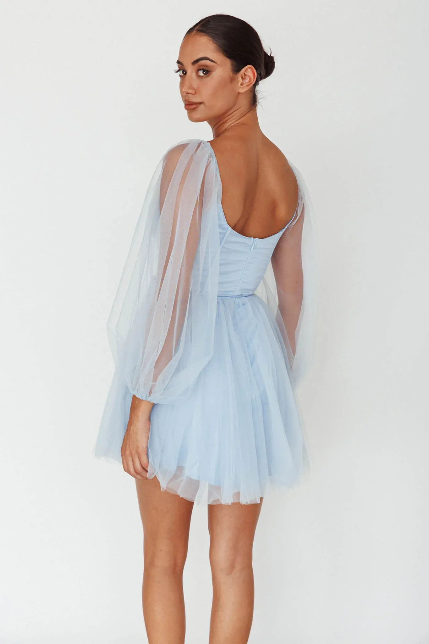 Fairytale Dream Sheer Sleeve Mini Dress Blue