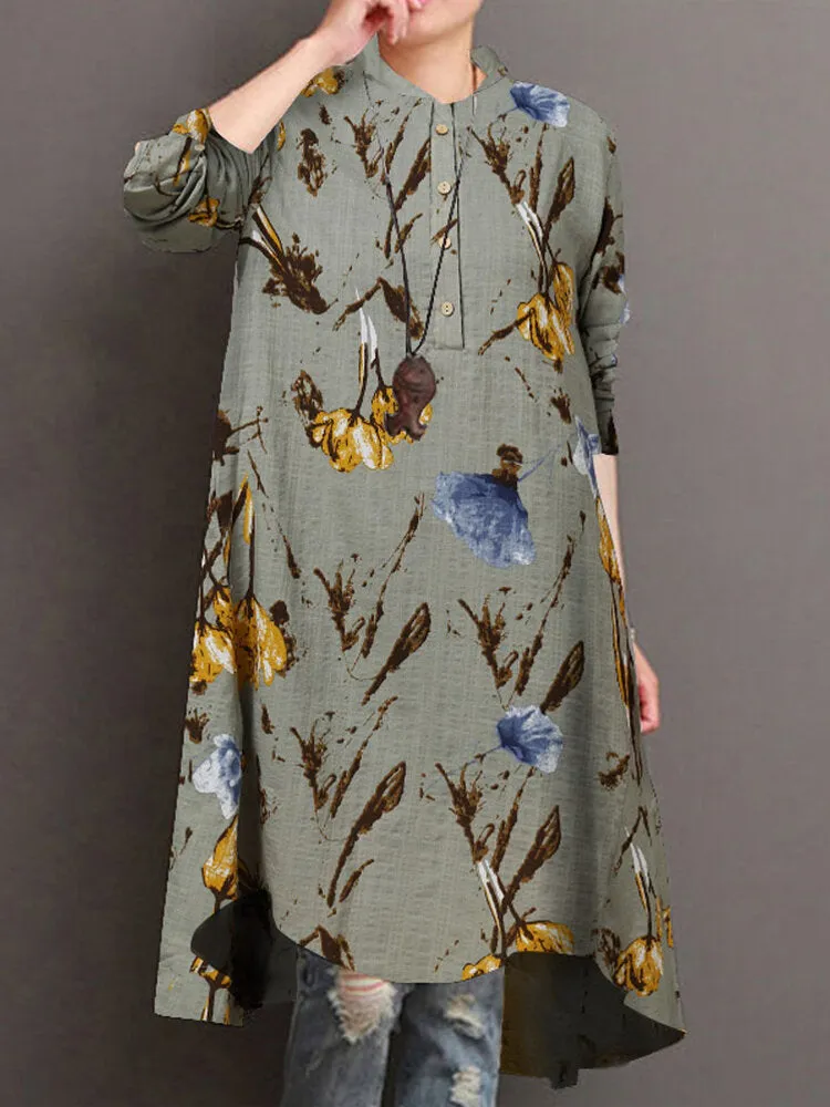 Floral Print Button Front High Low Hem Long Sleeve Midi Shirt Women Midi Dress