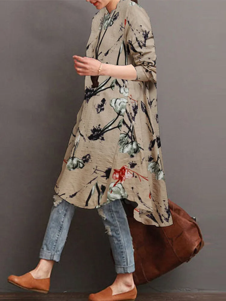 Floral Print Button Front High Low Hem Long Sleeve Midi Shirt Women Midi Dress