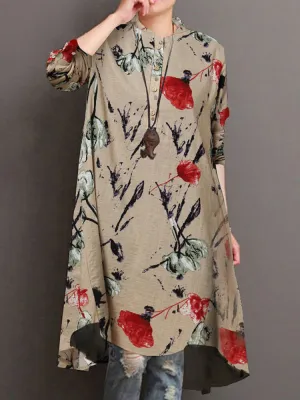 Floral Print Button Front High Low Hem Long Sleeve Midi Shirt Women Midi Dress