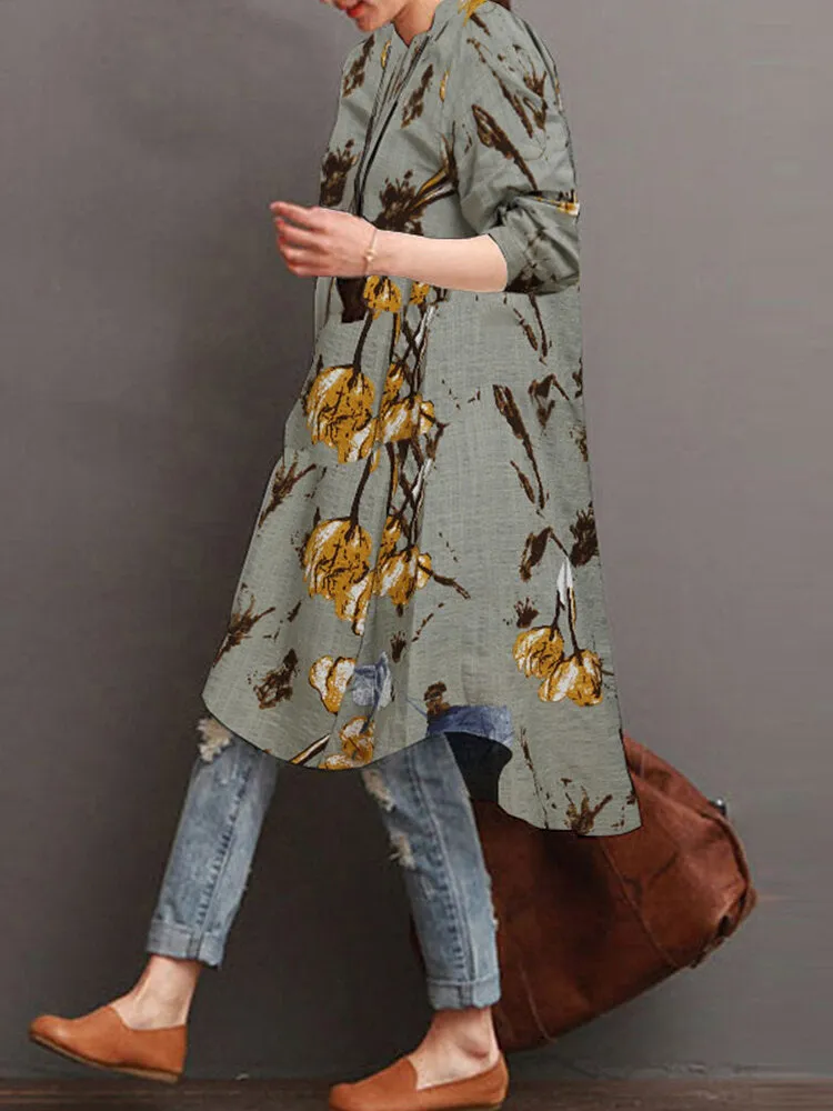 Floral Print Button Front High Low Hem Long Sleeve Midi Shirt Women Midi Dress