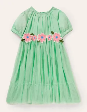 Flower Appliqué Dress-Fountain Green