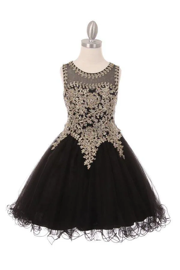 Flower Girl Dress Sleeveless Gold Embellished Short