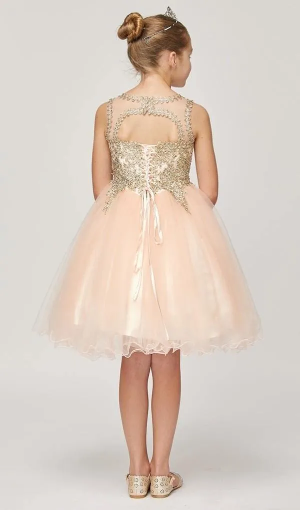 Flower Girl Dress Sleeveless Gold Embellished Short