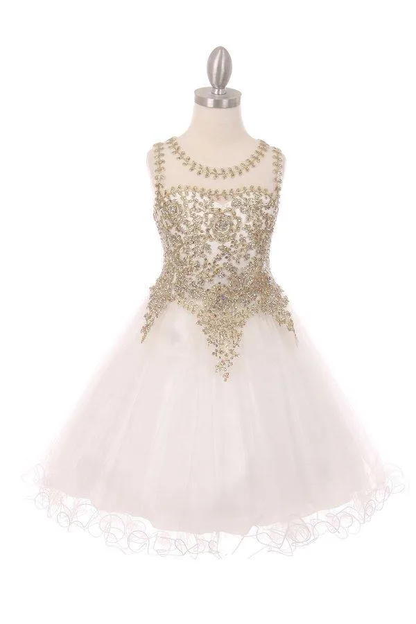 Flower Girl Dress Sleeveless Gold Embellished Short