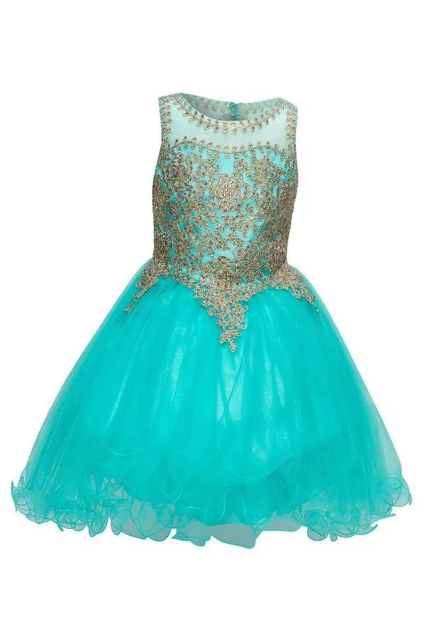 Flower Girl Dress Sleeveless Gold Embellished Short