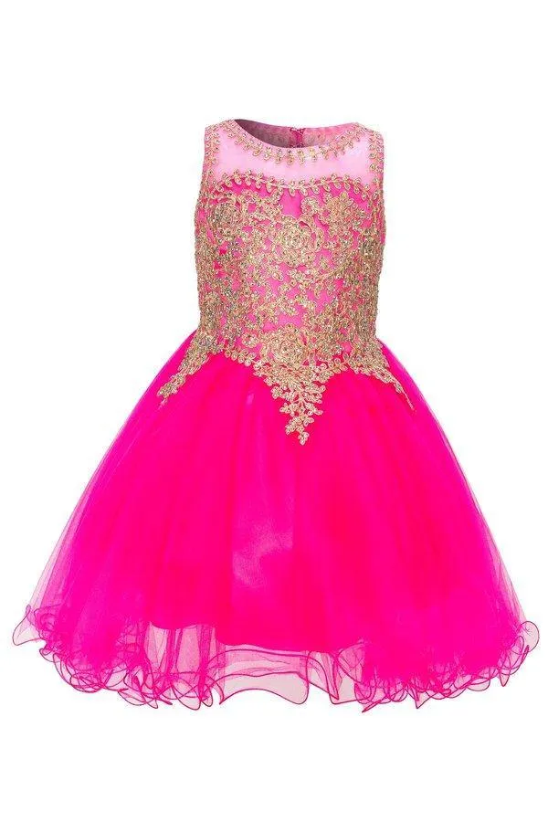 Flower Girl Dress Sleeveless Gold Embellished Short
