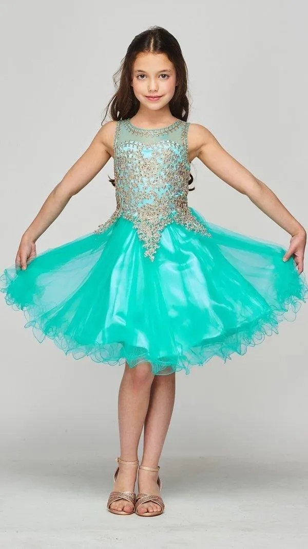 Flower Girl Dress Sleeveless Gold Embellished Short