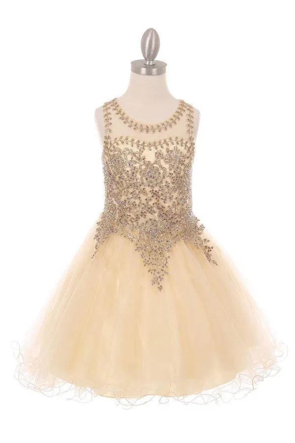 Flower Girl Dress Sleeveless Gold Embellished Short