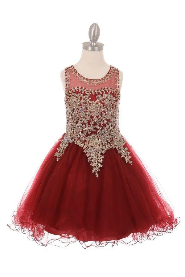 Flower Girl Dress Sleeveless Gold Embellished Short
