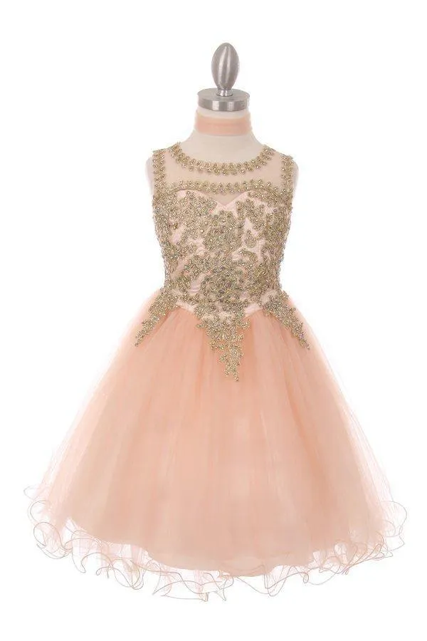 Flower Girl Dress Sleeveless Gold Embellished Short
