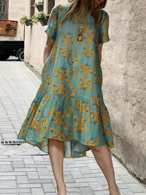 Flower Print High Low Hem Casual Short Sleeve Pocket Women Midi Dress