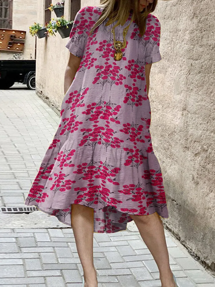 Flower Print High Low Hem Casual Short Sleeve Pocket Women Midi Dress