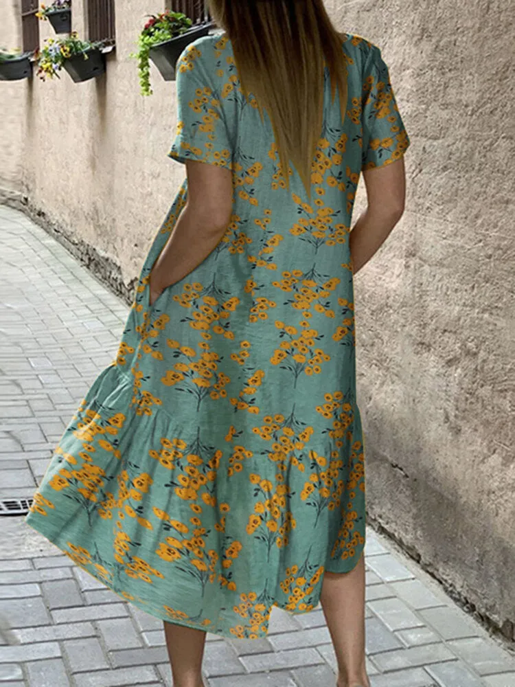Flower Print High Low Hem Casual Short Sleeve Pocket Women Midi Dress