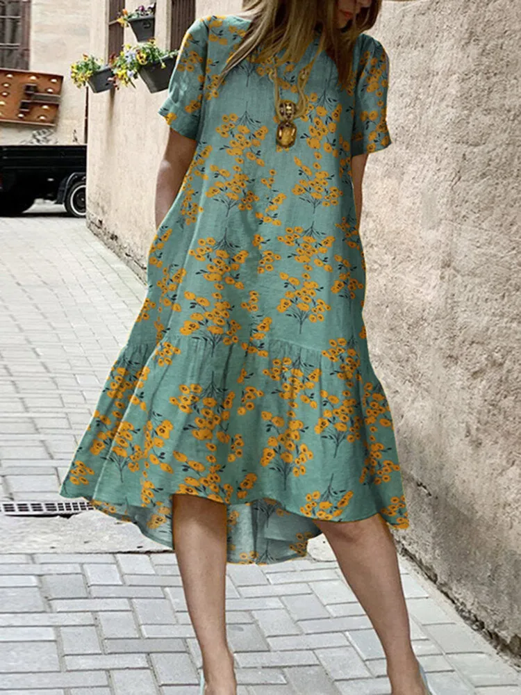Flower Print High Low Hem Casual Short Sleeve Pocket Women Midi Dress