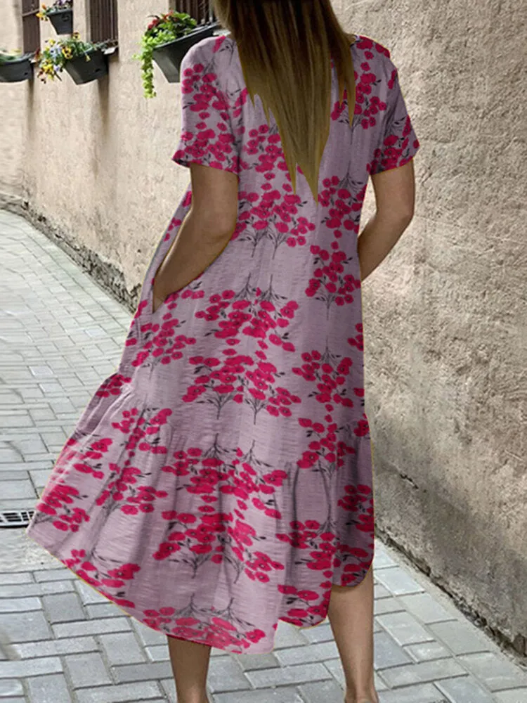 Flower Print High Low Hem Casual Short Sleeve Pocket Women Midi Dress