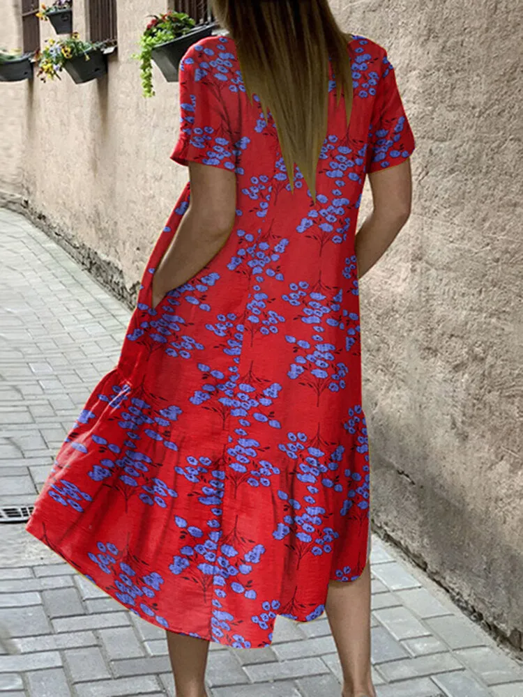 Flower Print High Low Hem Casual Short Sleeve Pocket Women Midi Dress