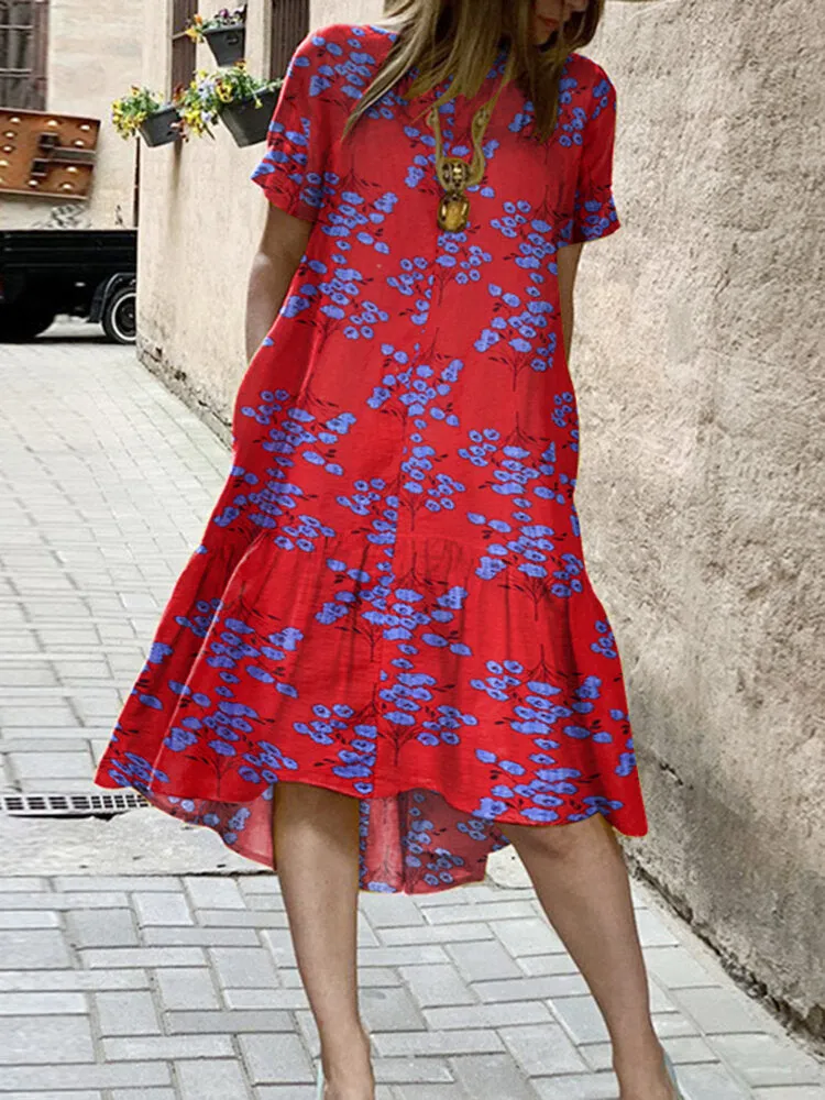 Flower Print High Low Hem Casual Short Sleeve Pocket Women Midi Dress