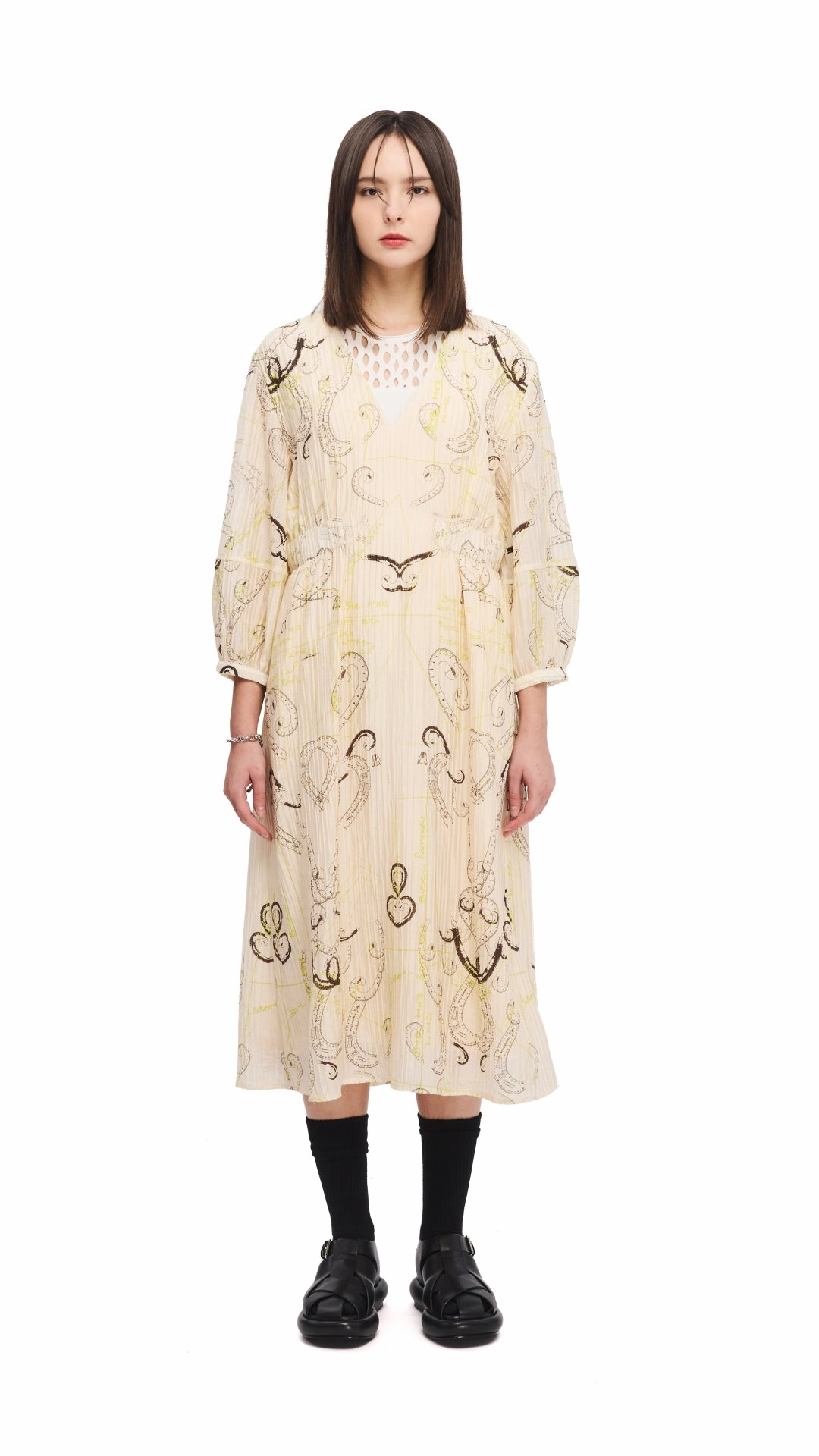 French Curve Ruler Print Puff-Sleeves Dress