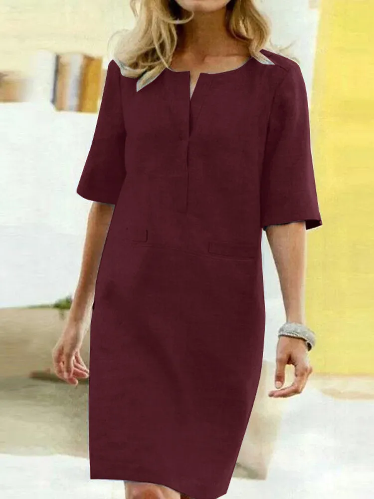 Generous Pure Color Decorative Pockets Half Sleeve Loose Women Midi Dress