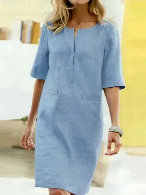 Generous Pure Color Decorative Pockets Half Sleeve Loose Women Midi Dress
