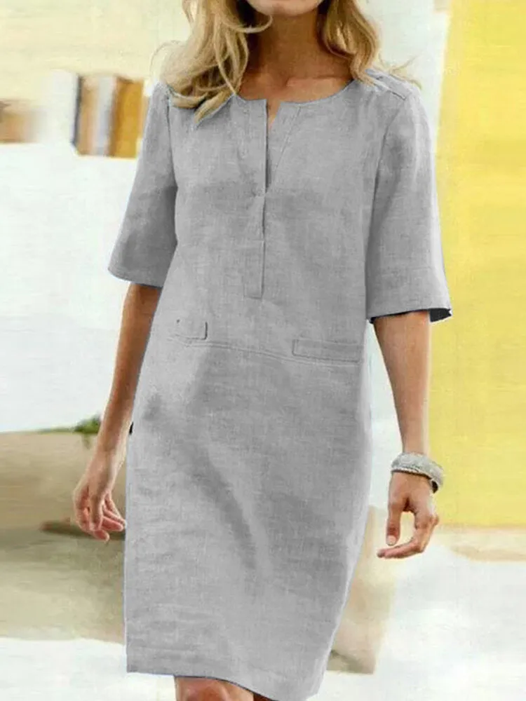 Generous Pure Color Decorative Pockets Half Sleeve Loose Women Midi Dress