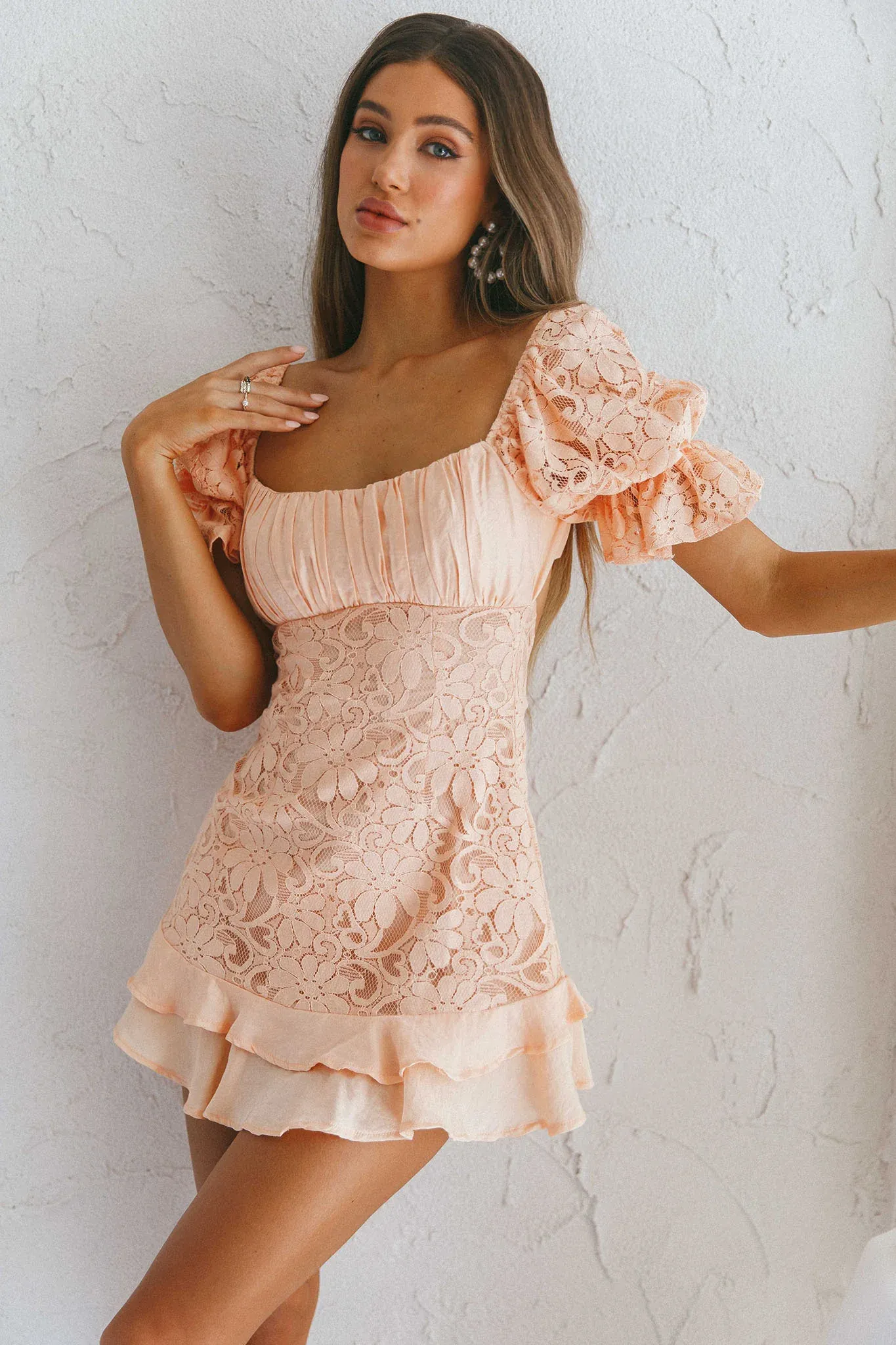 Georgia Peach Puff Sleeve Double Frill Hem Lace Dress Peach