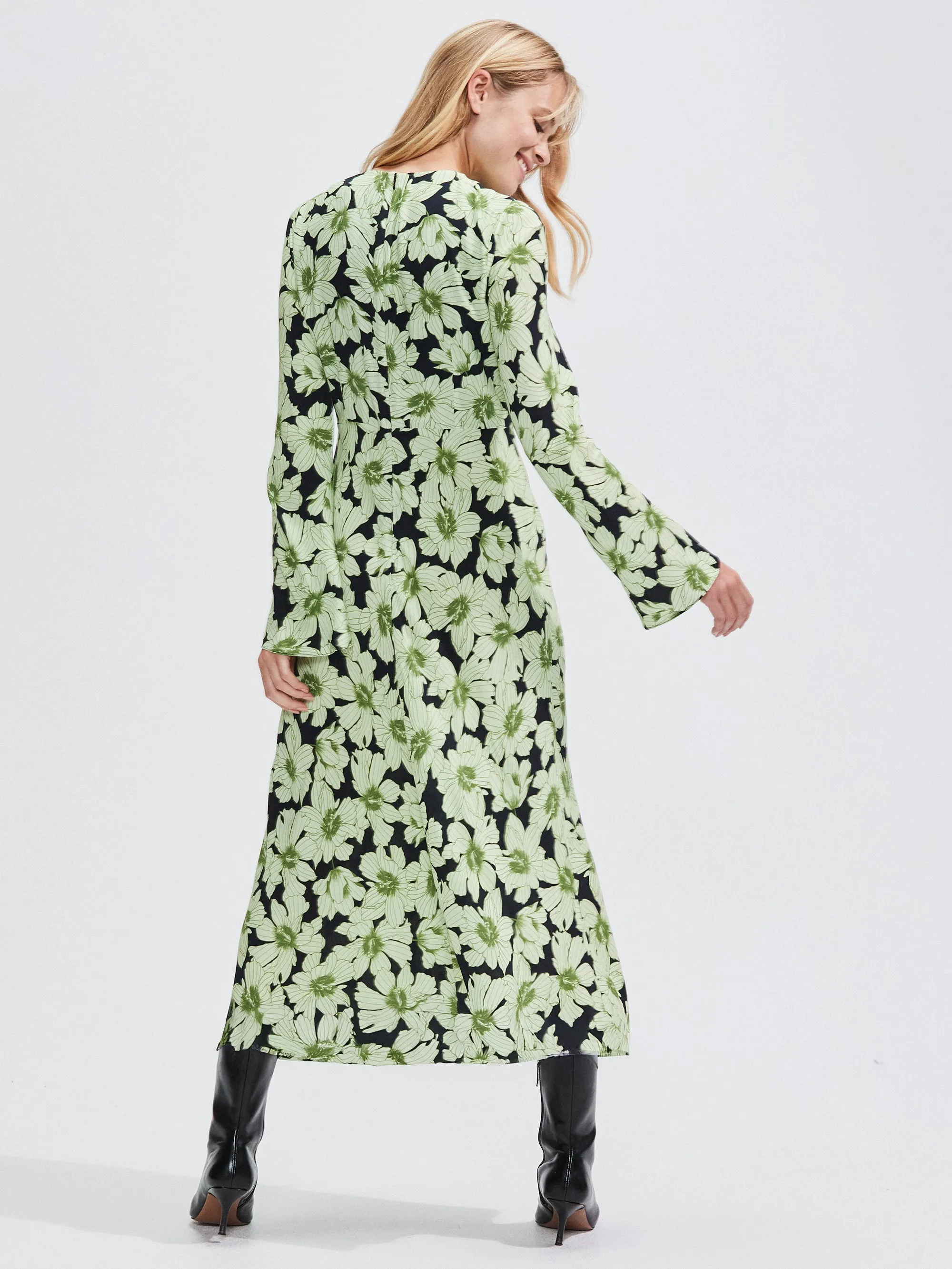 Green Floral Flute Sleeve Dress