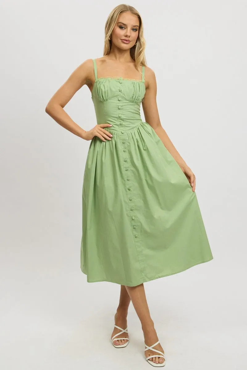 Green Midi Dress Lace Trim Corset Detail Poplin