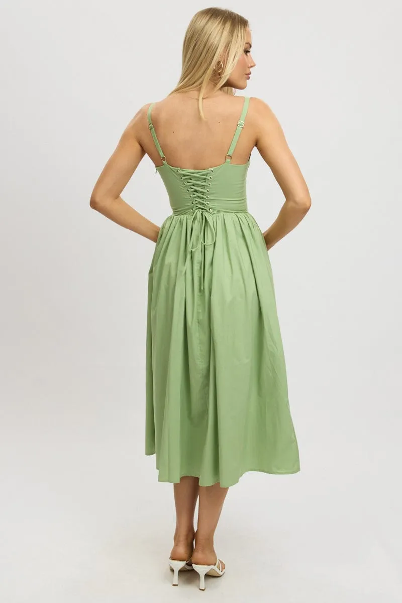 Green Midi Dress Lace Trim Corset Detail Poplin