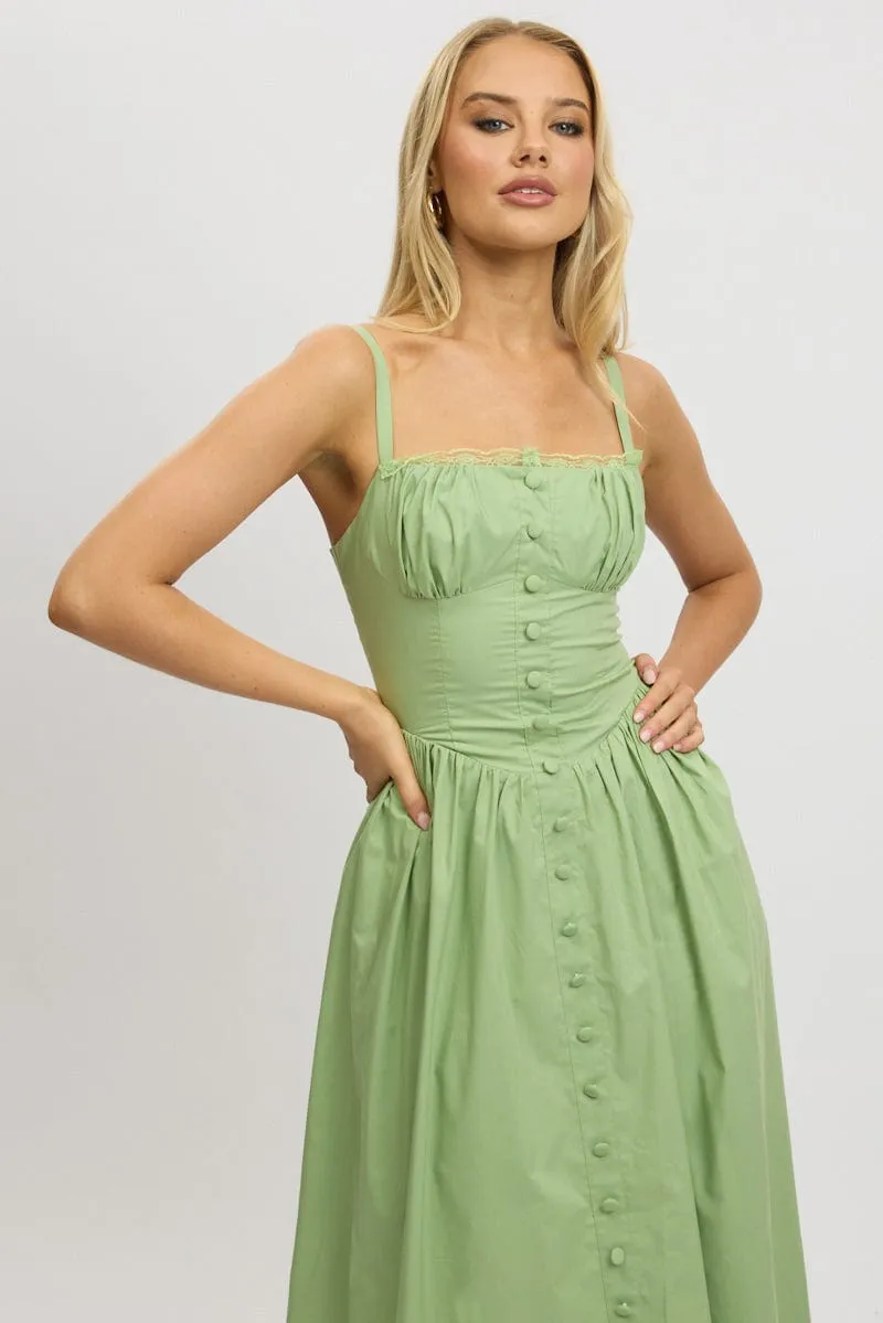 Green Midi Dress Lace Trim Corset Detail Poplin