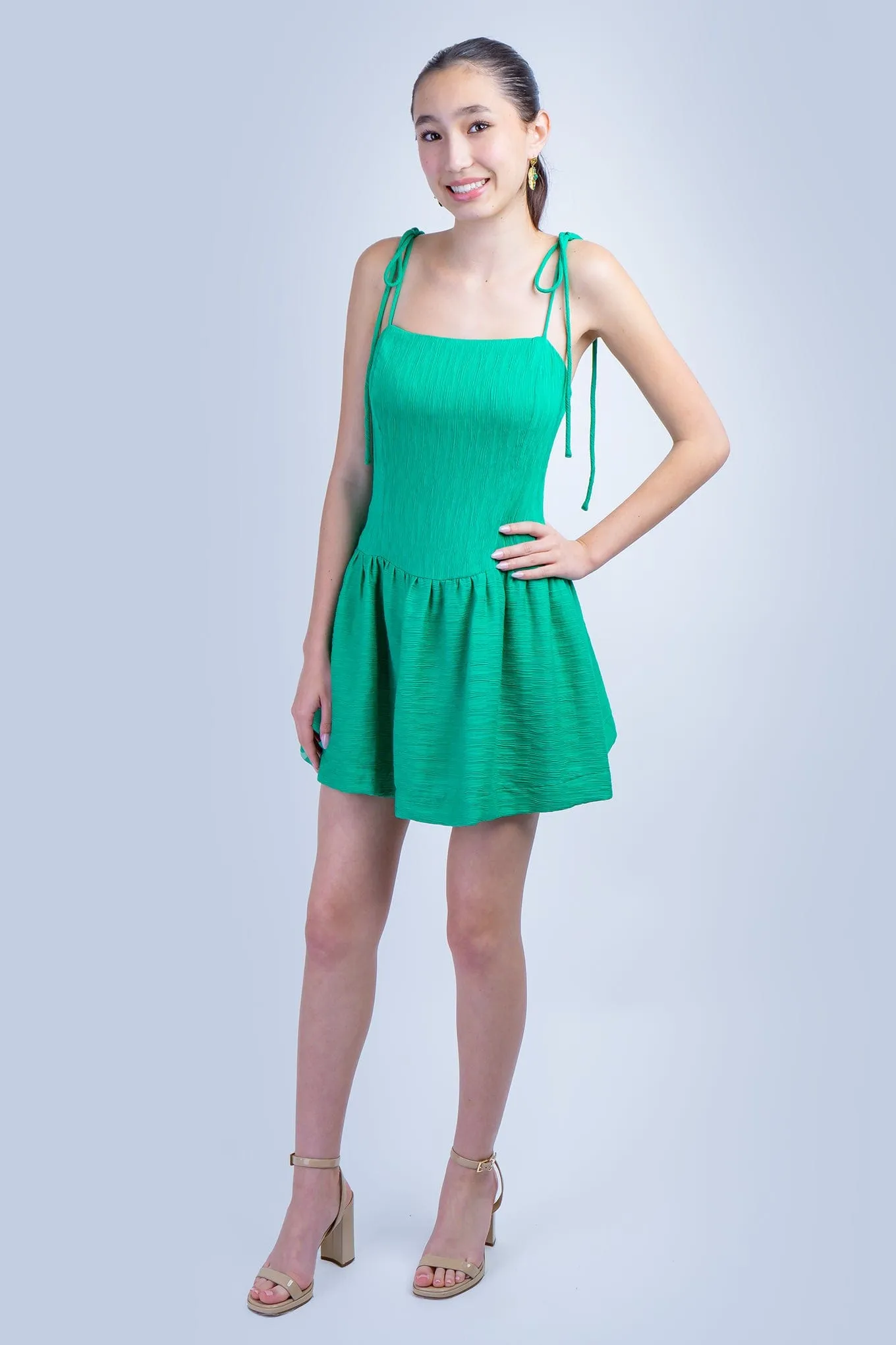 Green Tie Shoulder Drop Waist Dress