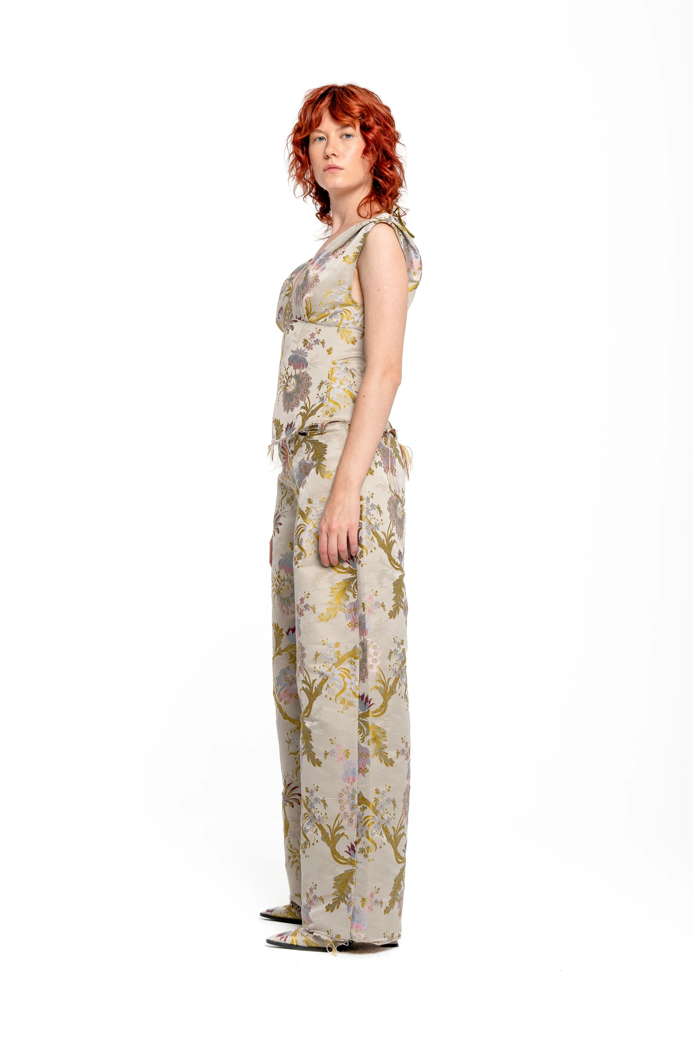 GREY SATIN BROCADE BOYFRIEND TROUSERS