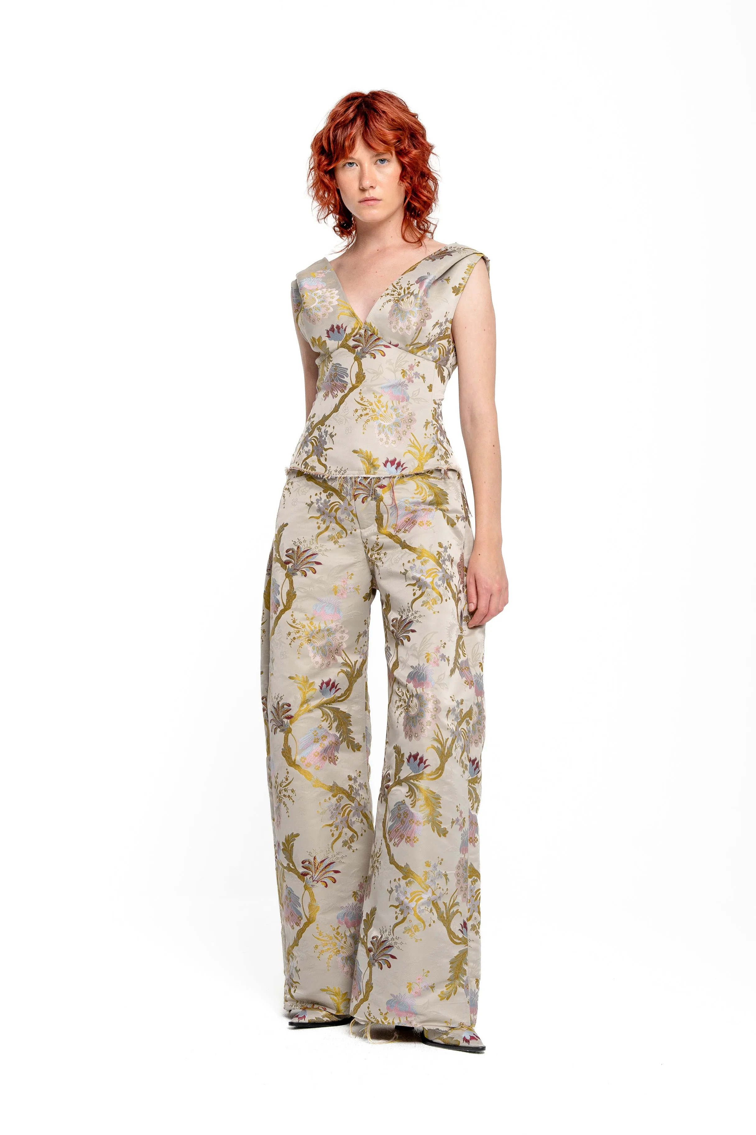 GREY SATIN BROCADE BOYFRIEND TROUSERS
