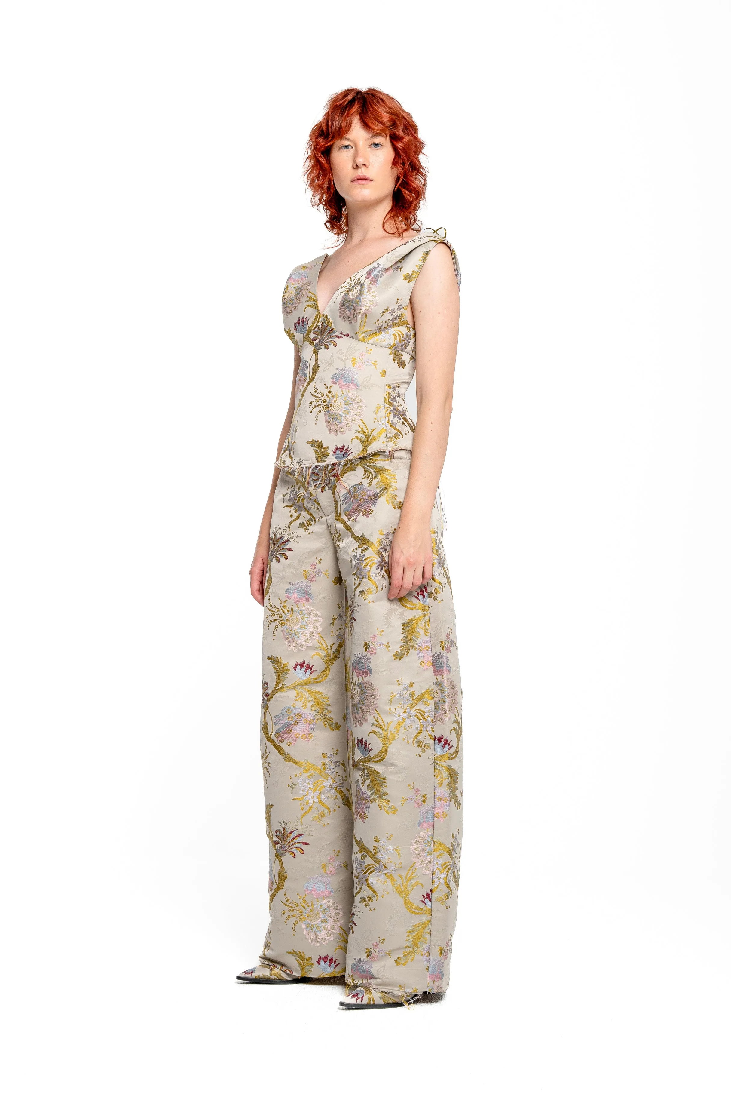 GREY SATIN BROCADE BOYFRIEND TROUSERS