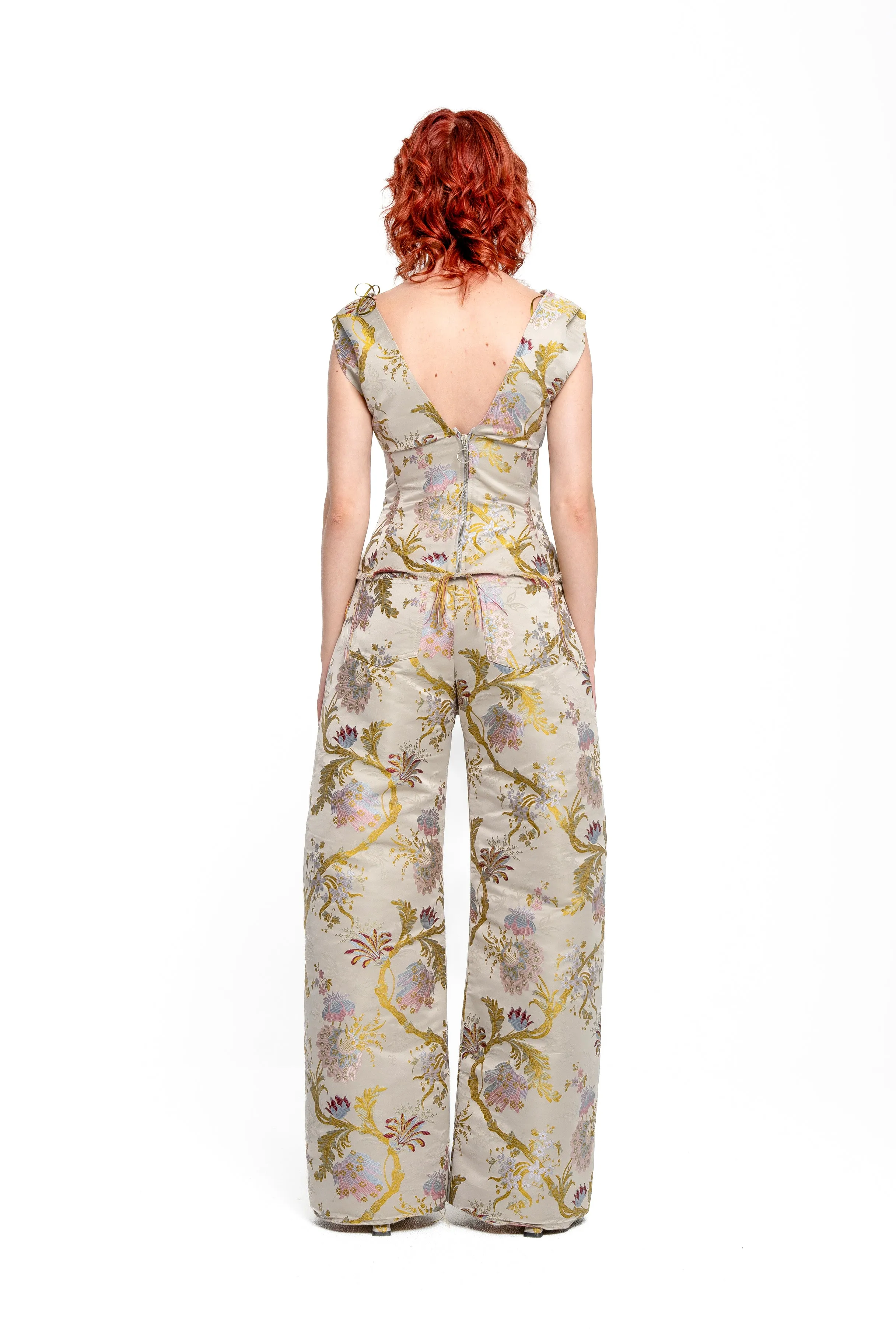 GREY SATIN BROCADE BOYFRIEND TROUSERS