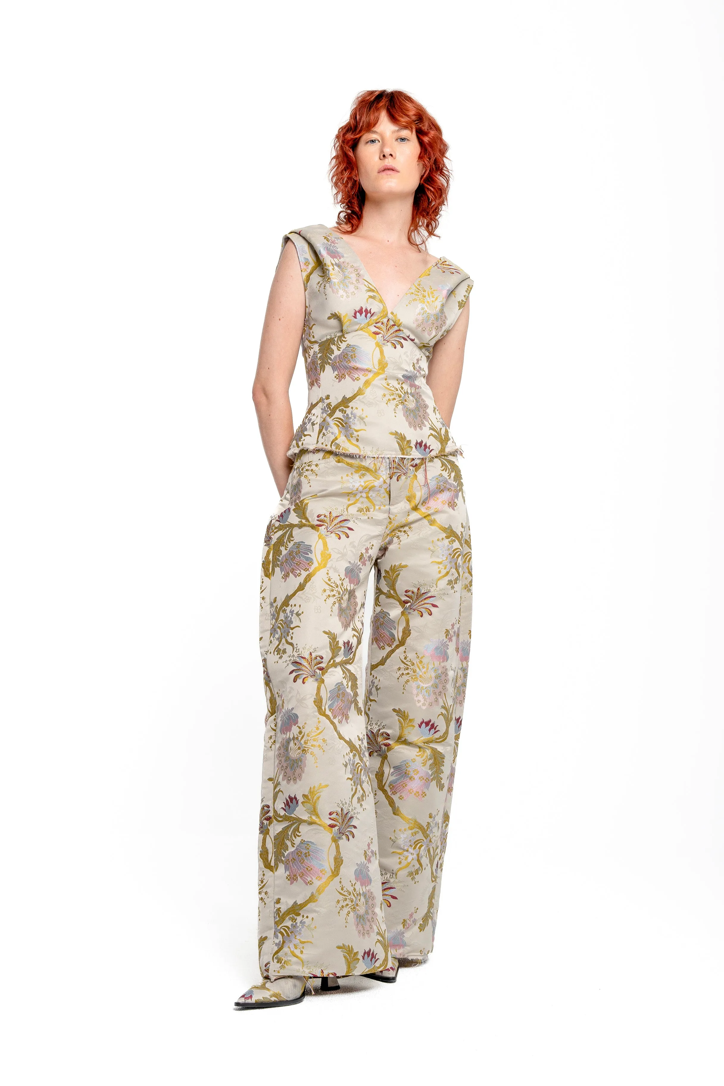 GREY SATIN BROCADE BOYFRIEND TROUSERS