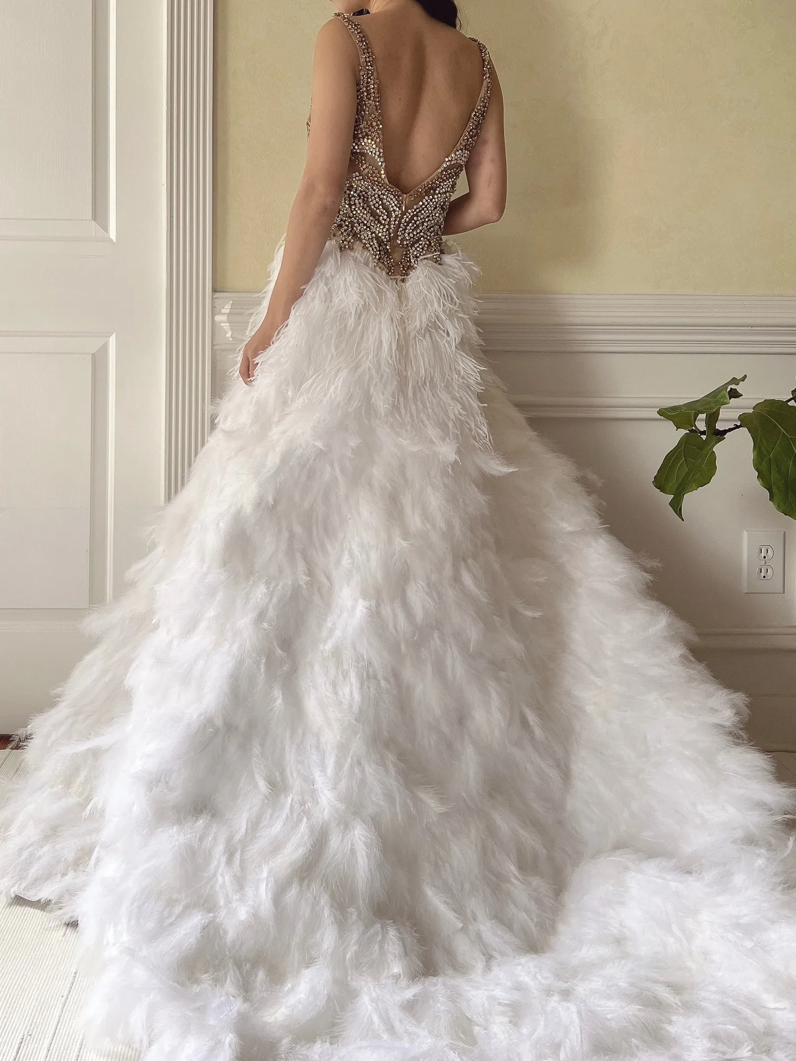 Hand Beaded Feather Gown - S/6