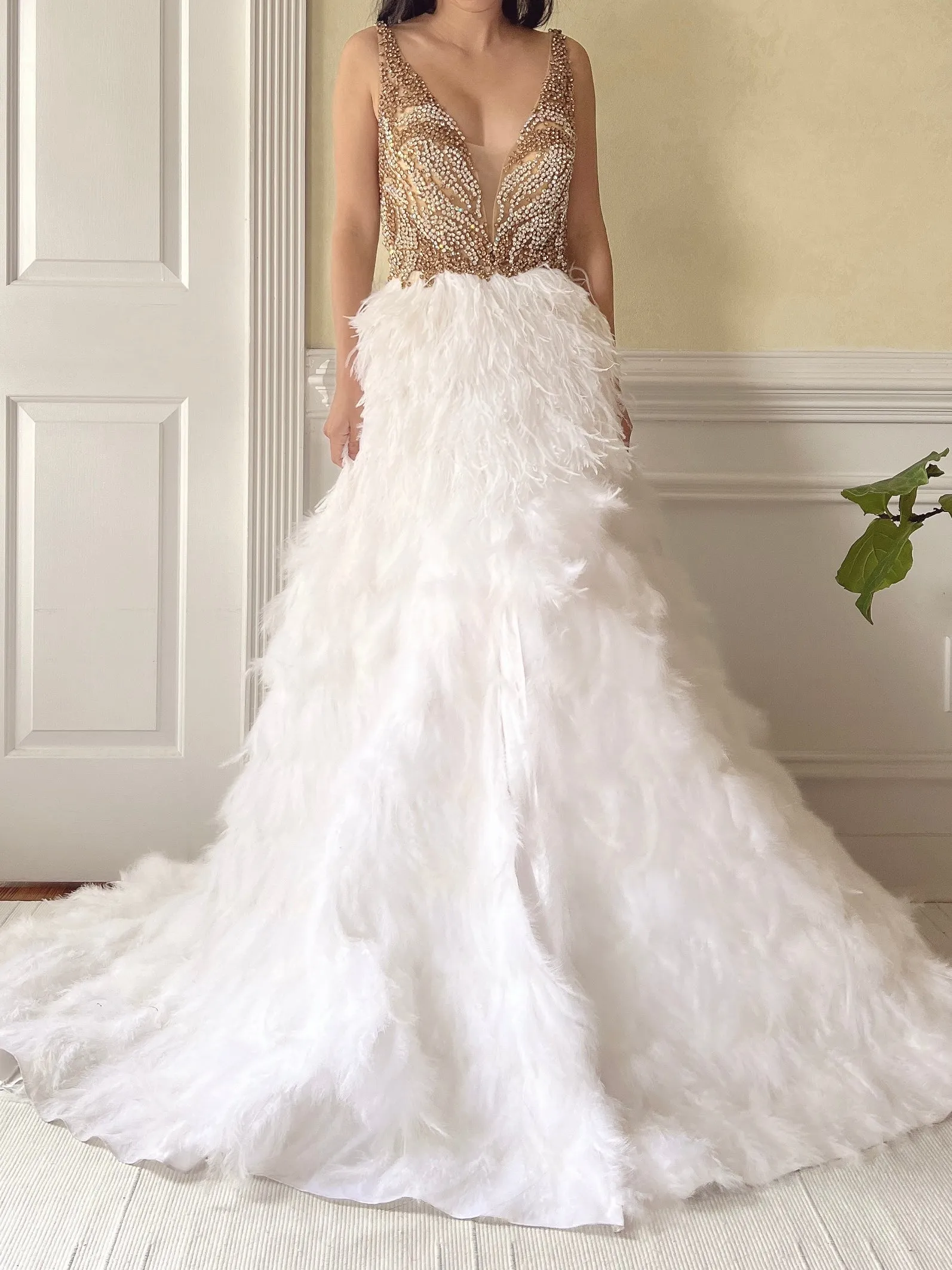 Hand Beaded Feather Gown - S/6