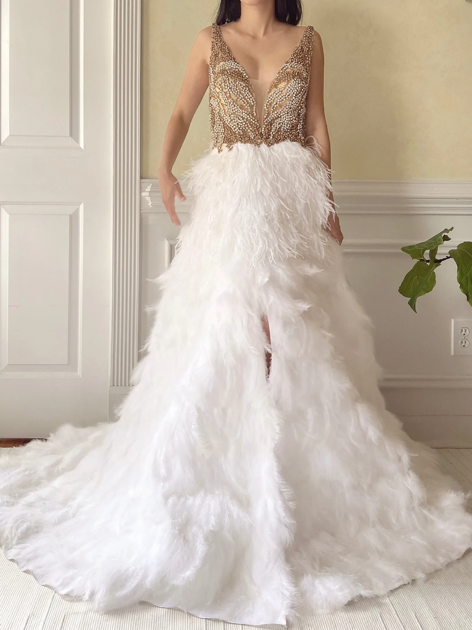 Hand Beaded Feather Gown - S/6
