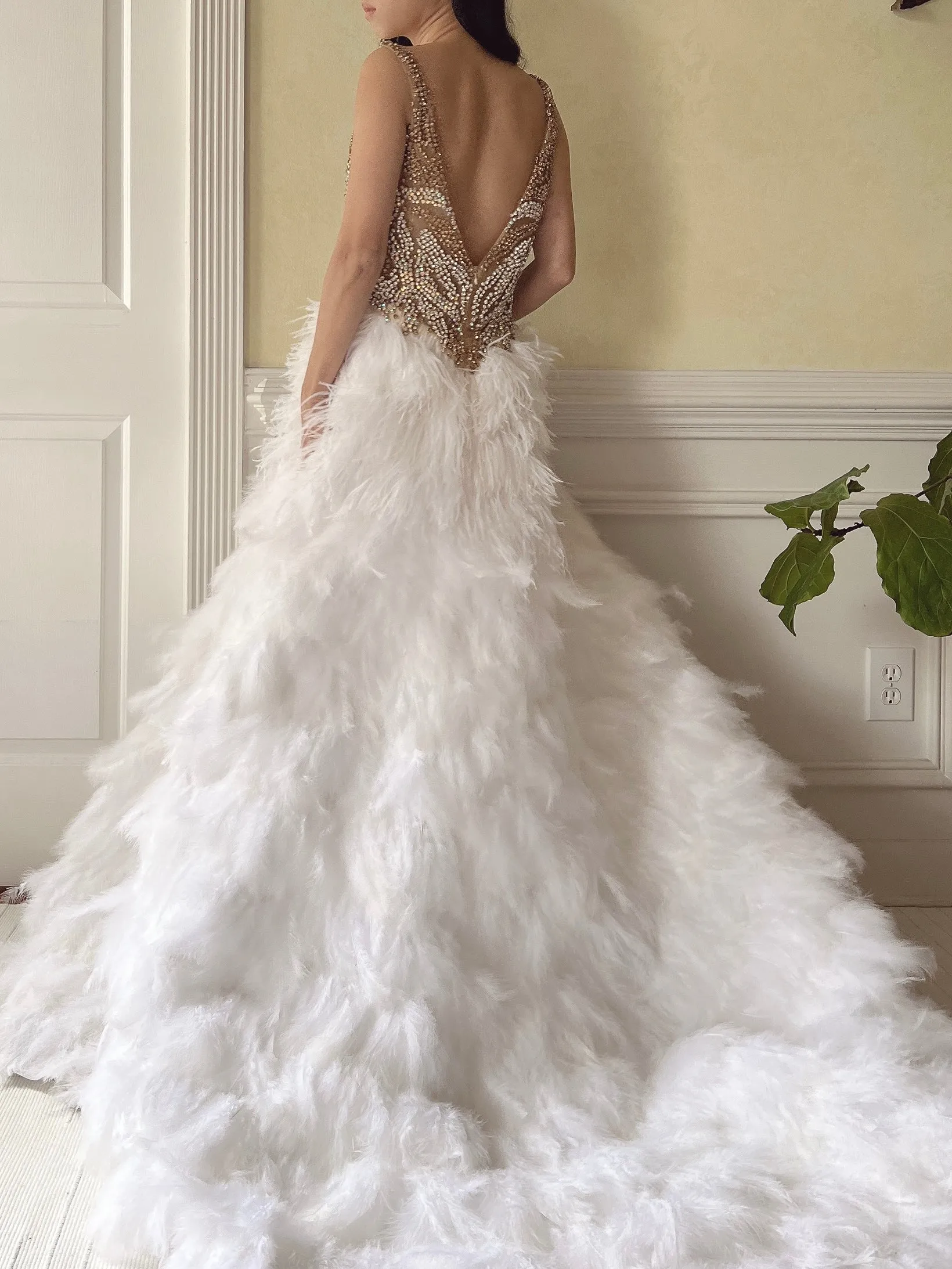 Hand Beaded Feather Gown - S/6